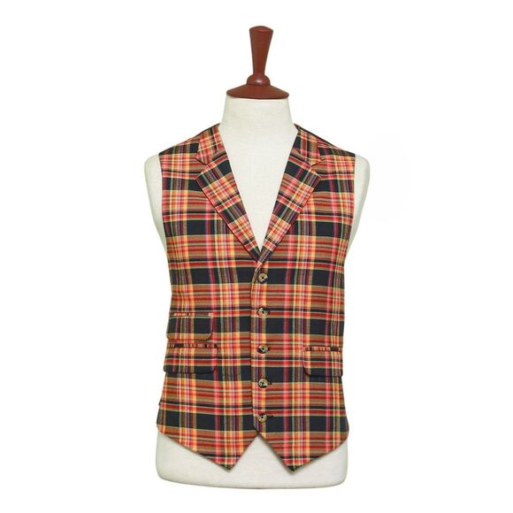 Mens Orange Black Plaid Waistcoat 44R XL Formal Tuxedo Vest Wedding Party Groom - Picture 1 of 9